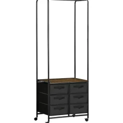 Penderie portant à vêtements style industriel sur roulettes 6 tiroirs barre penderie acier noir panneaux aspect bois