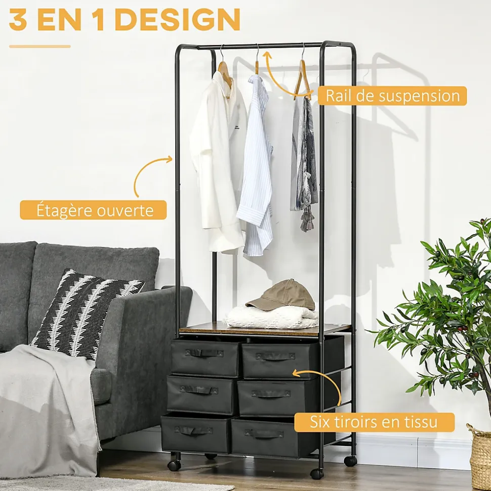 Penderie portant à vêtements style industriel sur roulettes 6 tiroirs barre penderie acier noir panneaux aspect bois