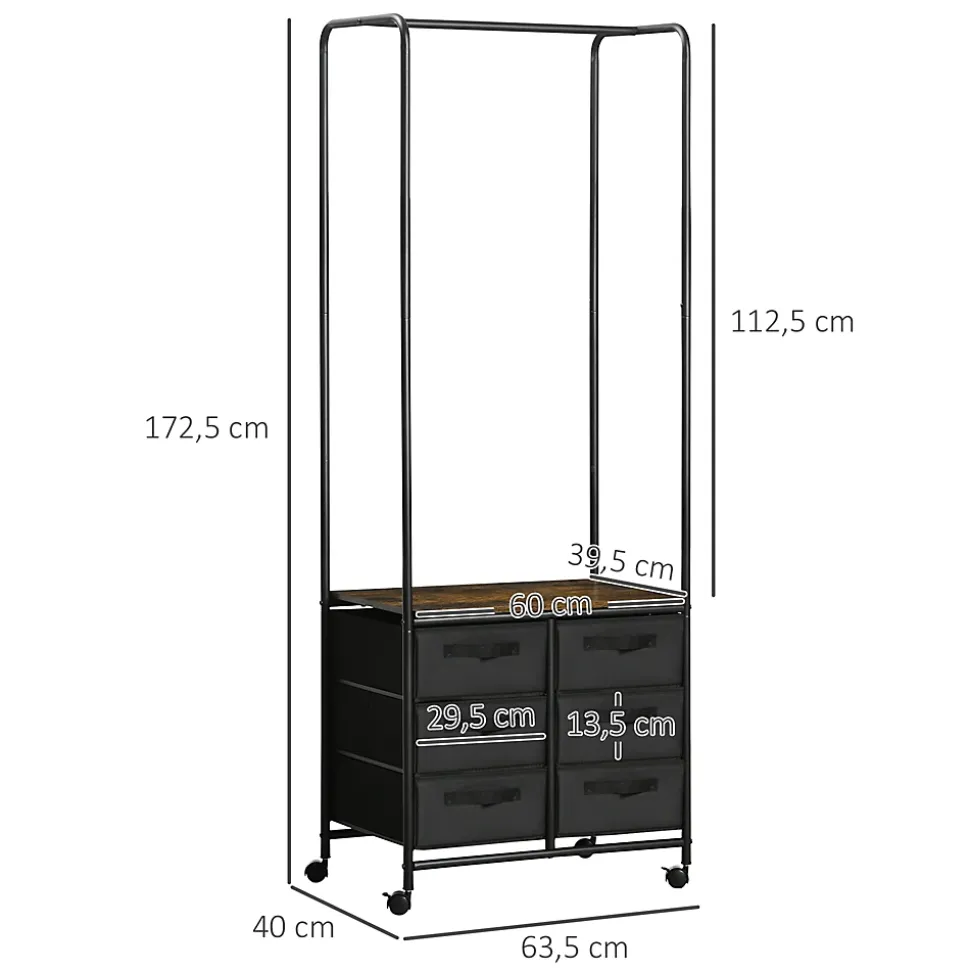 Penderie portant à vêtements style industriel sur roulettes 6 tiroirs barre penderie acier noir panneaux aspect bois