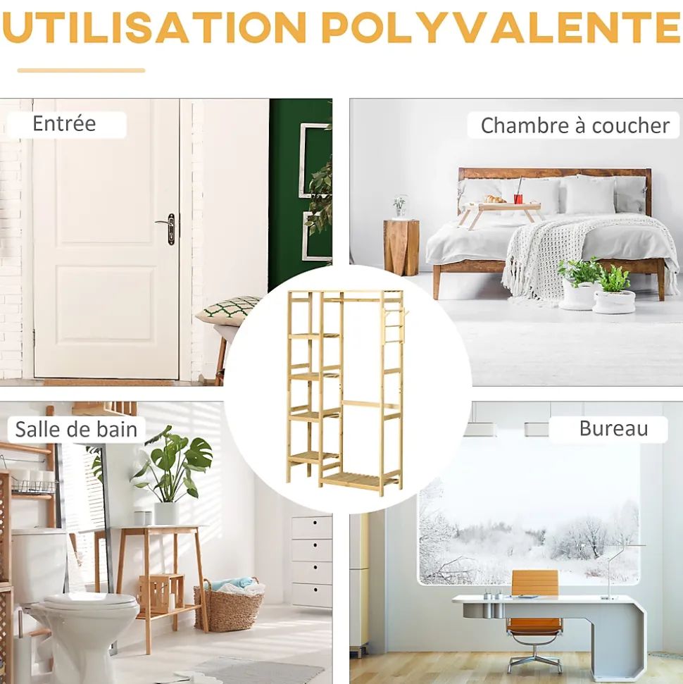 Penderie porte-manteaux - 5 étagères, espace penderie, 2 patères - dim. 90L x 30l x 155H cm - bois bambou