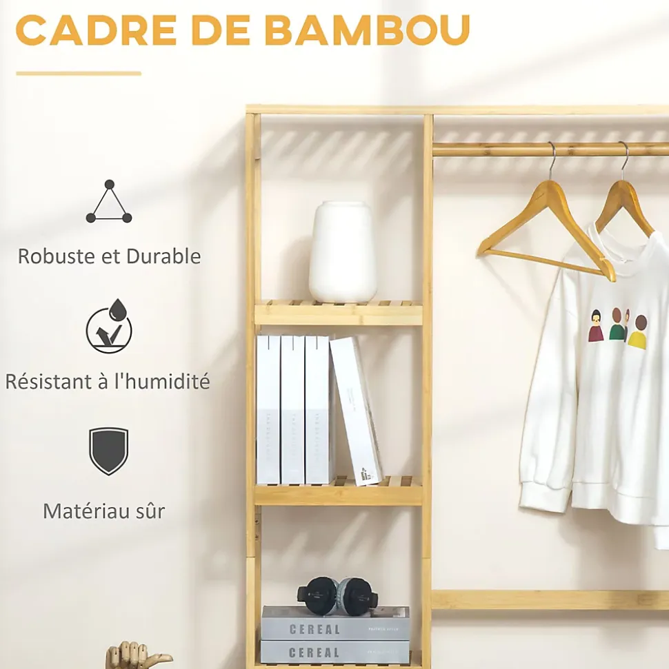 Penderie porte-manteaux - 5 étagères, espace penderie, 2 patères - dim. 90L x 30l x 155H cm - bois bambou