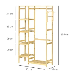 Penderie porte-manteaux - 5 étagères, espace penderie, 2 patères - dim. 90L x 30l x 155H cm - bois bambou