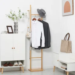 Penderie porte-manteaux - 3 barres de penderie, 2 patères - dim. 36L x 24l x 168H cm - bois bambou