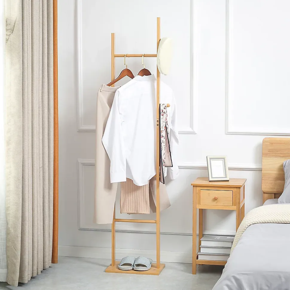 Penderie porte-manteaux - 3 barres de penderie, 2 patères - dim. 36L x 24l x 168H cm - bois bambou
