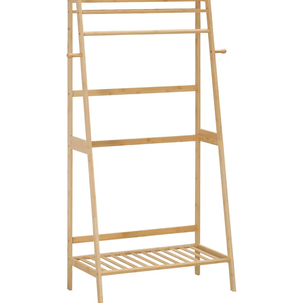 Penderie porte-manteaux - 2 étagères, espace penderie, 2 patères - dim. 82L x 36l x 140H cm - bois bambou