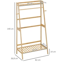 Penderie porte-manteaux - 2 étagères, espace penderie, 2 patères - dim. 82L x 36l x 140H cm - bois bambou