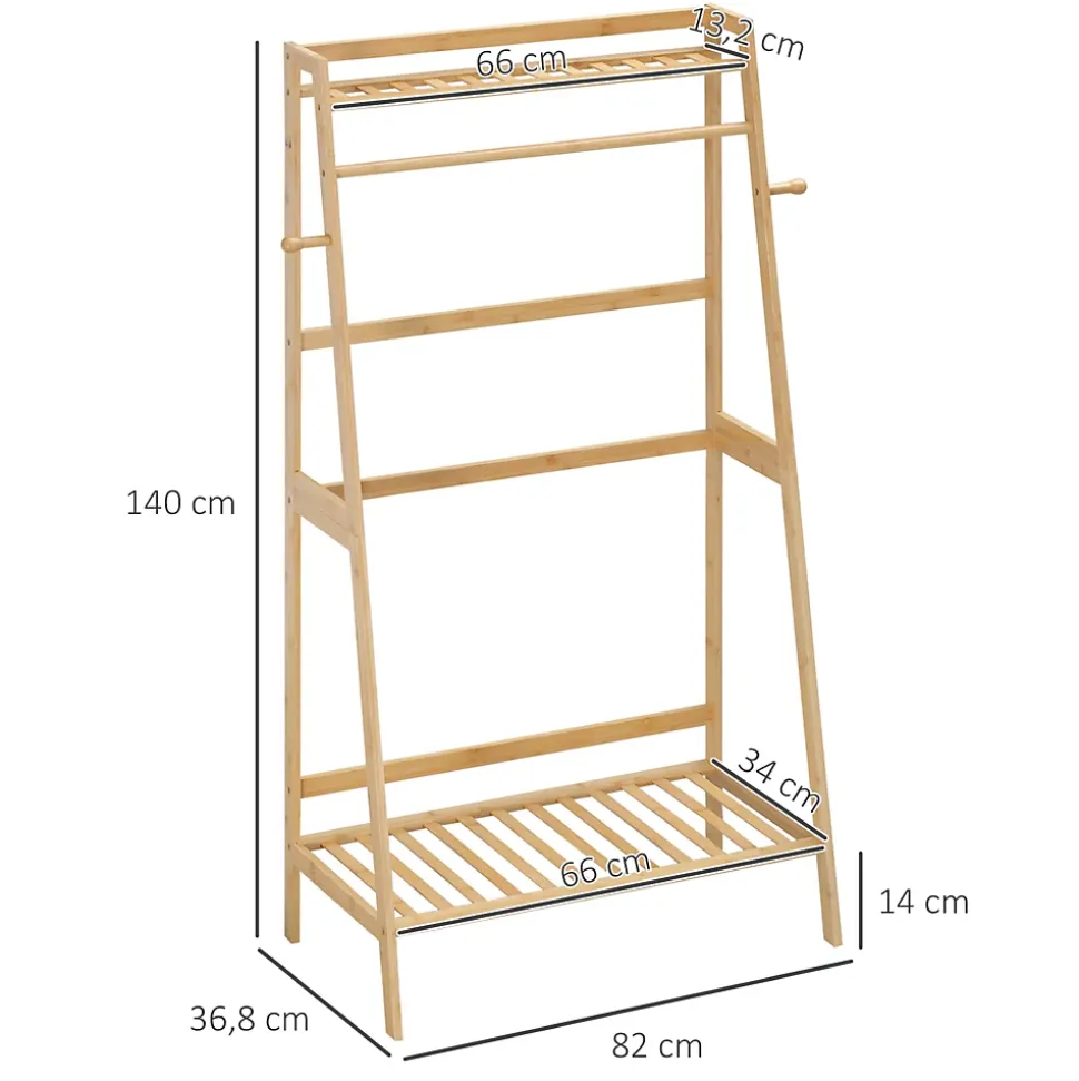 Penderie porte-manteaux - 2 étagères, espace penderie, 2 patères - dim. 82L x 36l x 140H cm - bois bambou
