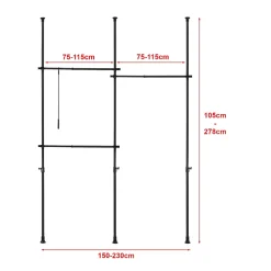 Penderie télescopique Kemi acier laqué 150 - 230 cm 3 barres de penderie noir en.casa