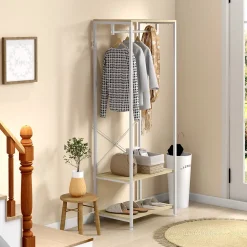 Penderie vestiaire d'entrée 2 étagères tringle acier blanc panneaux aspect bois clair