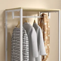 Penderie vestiaire d'entrée 2 étagères tringle acier blanc panneaux aspect bois clair