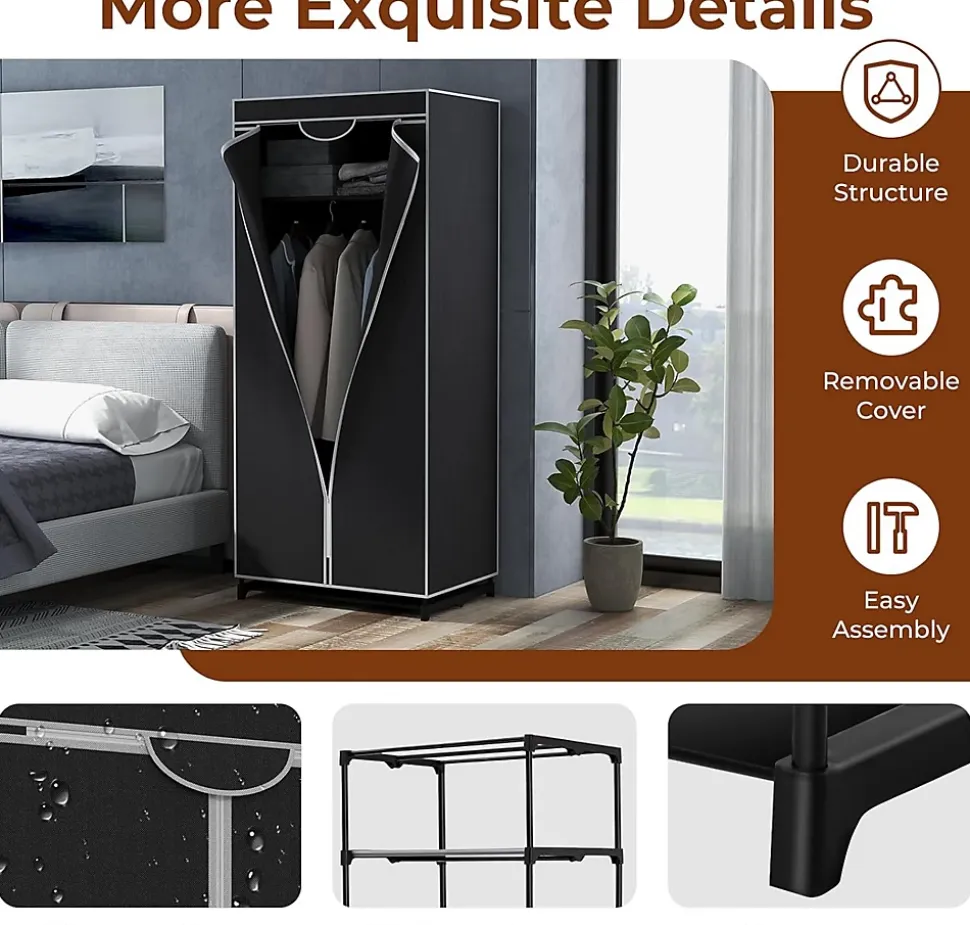 Pendrie en Tissu avec Housse 3 Parties espace de Stockage Armoire de Vêtements Imperméable Noir