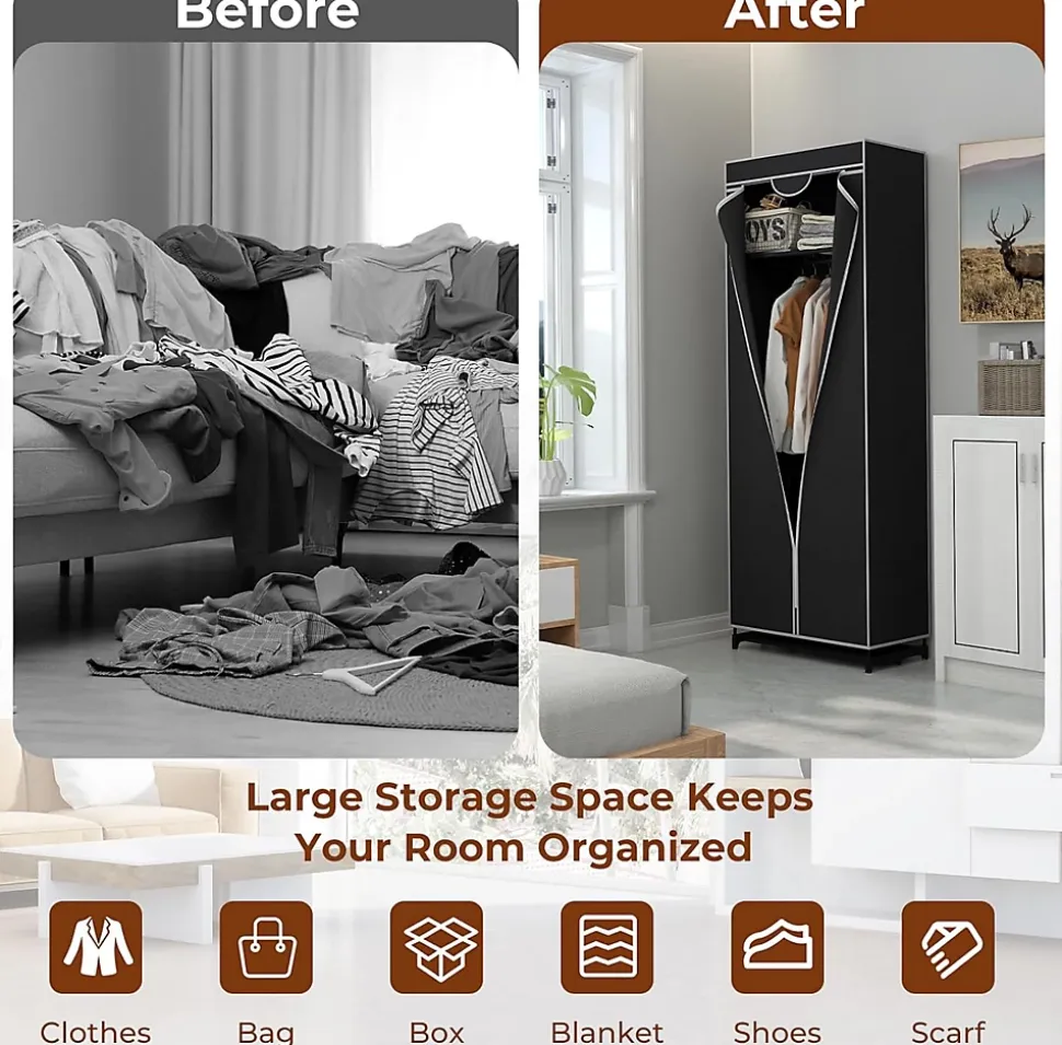 Pendrie en Tissu avec Housse 3 Parties espace de Stockage Armoire de Vêtements Imperméable Noir