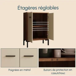 Petit meuble d'appoint moderne - 2 portes, mélamine mate, noyer/beige - L 60 x H 84 x P 30 cm