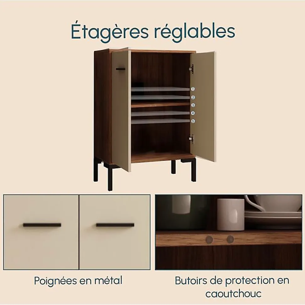 Petit meuble d'appoint moderne - 2 portes, mélamine mate, noyer/beige - L 60 x H 84 x P 30 cm