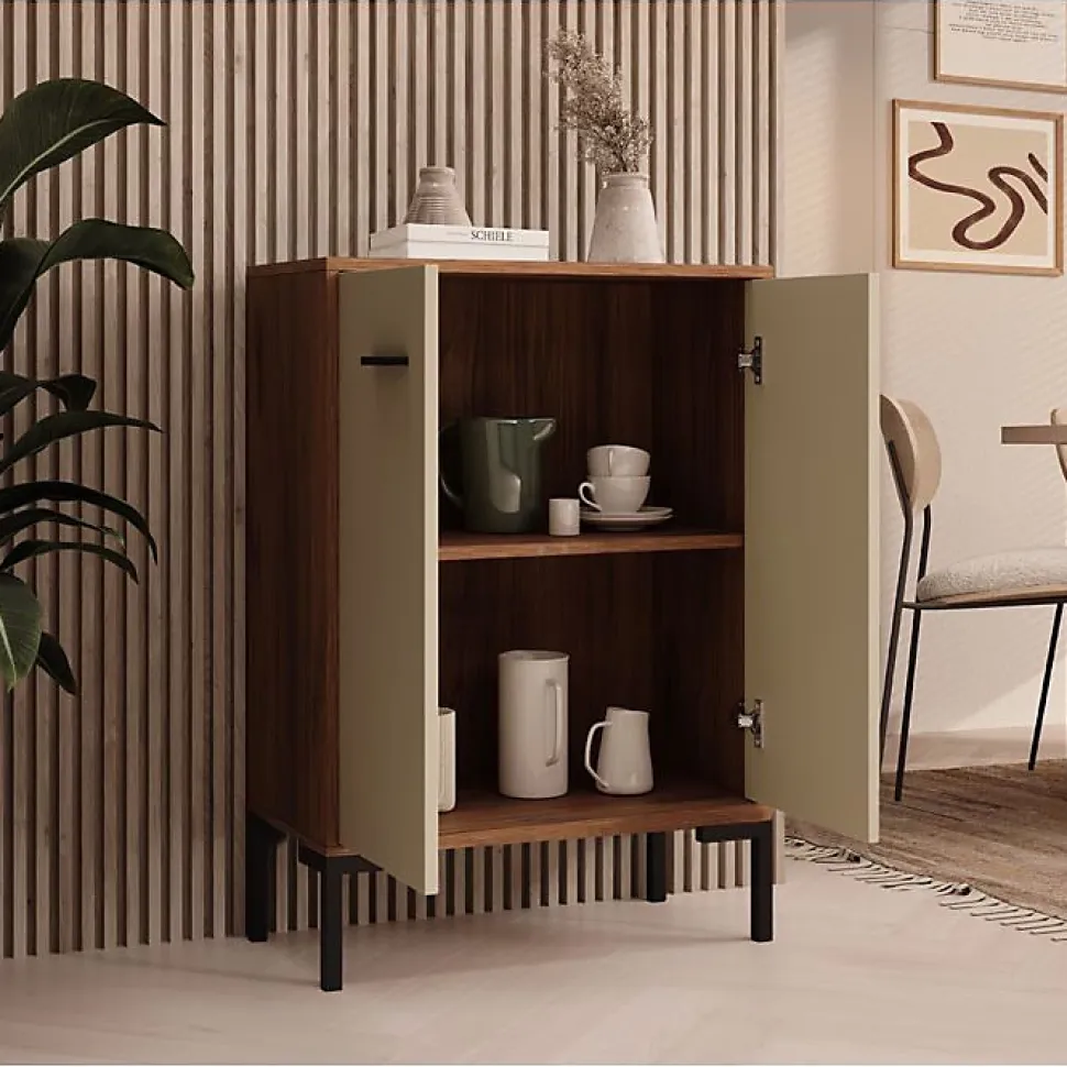 Petit meuble d'appoint moderne - 2 portes, mélamine mate, noyer/beige - L 60 x H 84 x P 30 cm
