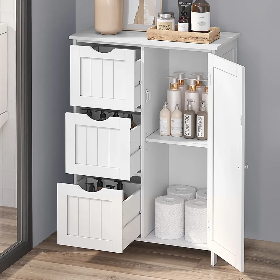 Petit meuble de rangement 1 porte et 3 tiroirs blanc - L60 cm