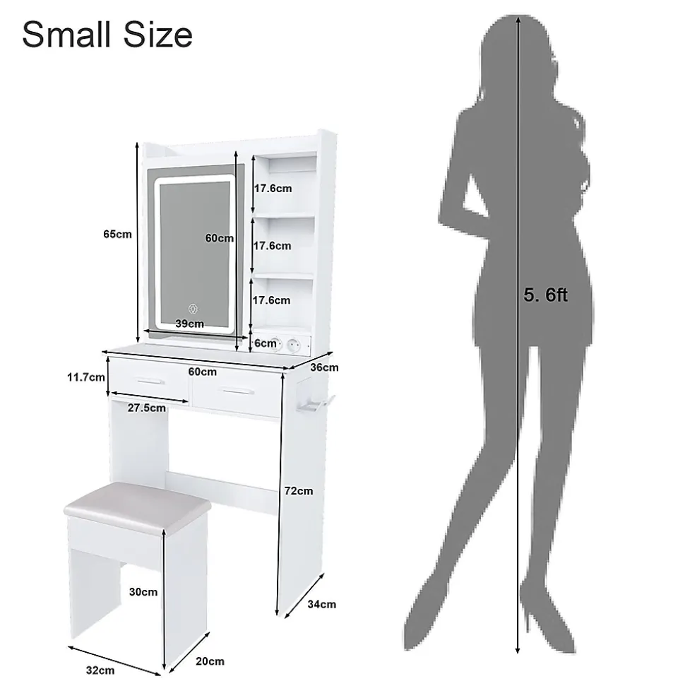 Petite coiffeuse avec miroir,60x136x36cm,blanche,éclairage LED réglable,prise de courant,tabouret rembourré