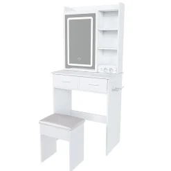 Petite coiffeuse avec miroir,60x136x36cm,blanche,éclairage LED réglable,prise de courant,tabouret rembourré