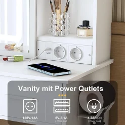Petite coiffeuse avec miroir,60x136x36cm,blanche,éclairage LED réglable,prise de courant,tabouret rembourré