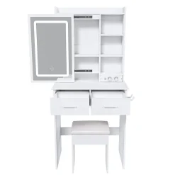 Petite coiffeuse avec miroir,60x136x36cm,blanche,éclairage LED réglable,prise de courant,tabouret rembourré