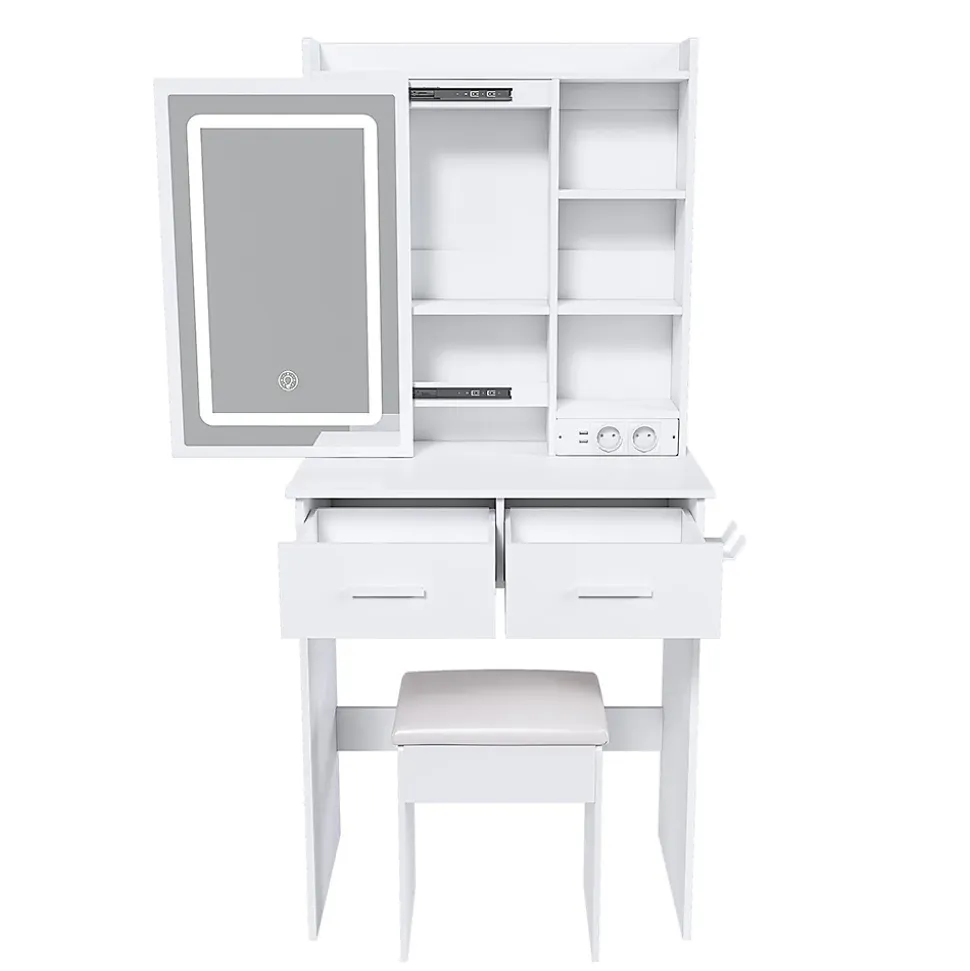 Petite coiffeuse avec miroir,60x136x36cm,blanche,éclairage LED réglable,prise de courant,tabouret rembourré