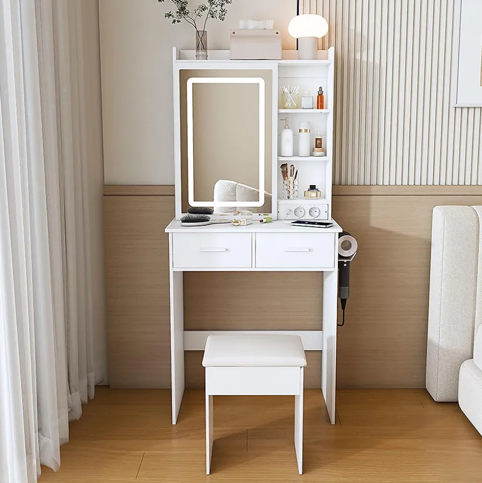 Petite coiffeuse avec miroir,60x136x36cm,blanche,éclairage LED réglable,prise de courant,tabouret rembourré