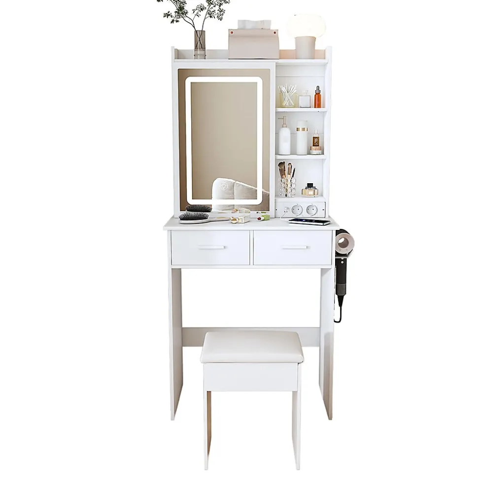 Petite coiffeuse avec miroir,60x136x36cm,blanche,éclairage LED réglable,prise de courant,tabouret rembourré