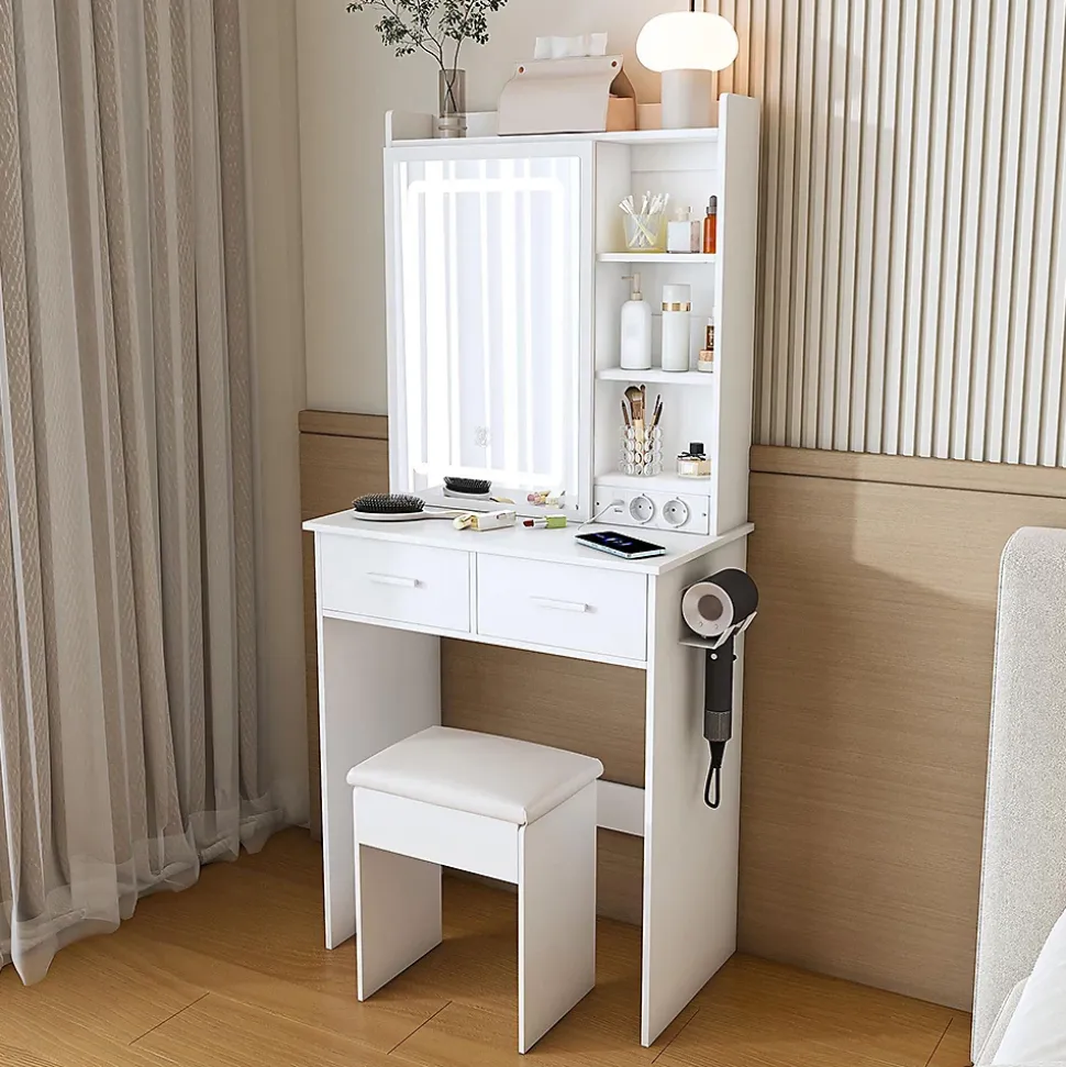 Petite coiffeuse avec miroir,60x136x36cm,blanche,éclairage LED réglable,prise de courant,tabouret rembourré