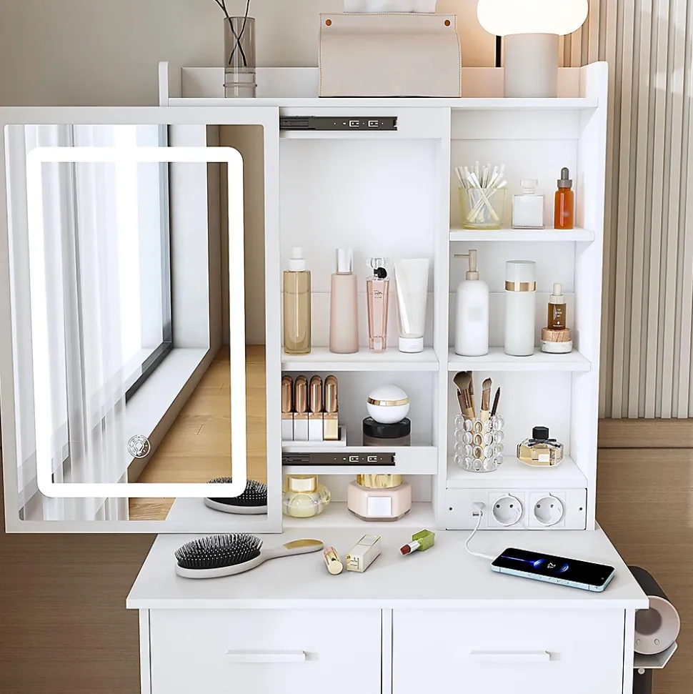 Petite coiffeuse avec miroir,60x136x36cm,blanche,éclairage LED réglable,prise de courant,tabouret rembourré