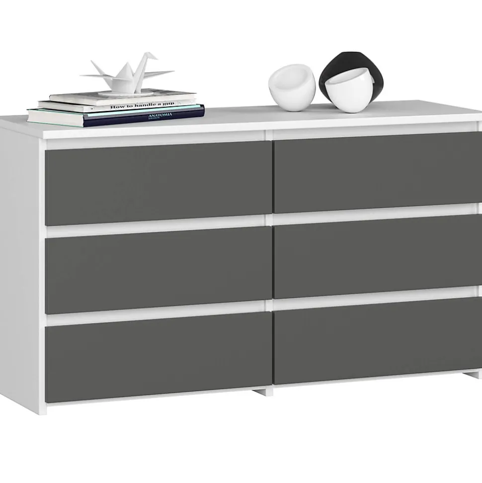 Petite Commode AKORD CL100 Blanche 100 cm 6 tiroirs façade Gris Graphite 100x35x57 cm