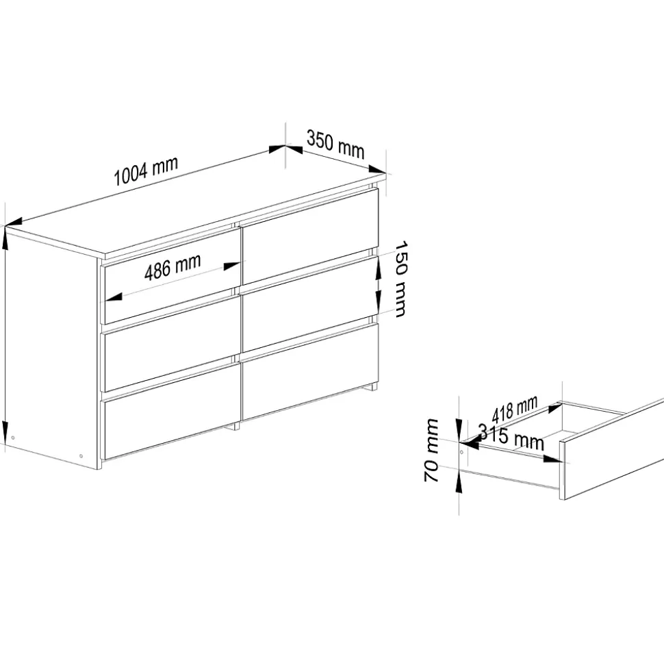 Petite Commode AKORD CL100 Blanche 100 cm 6 tiroirs façade Gris Graphite 100x35x57 cm
