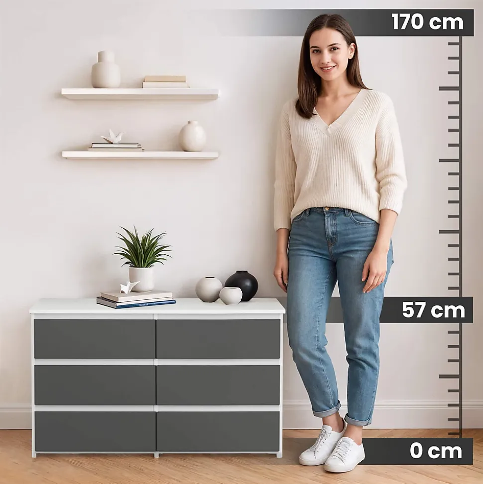 Petite Commode AKORD CL100 Blanche 100 cm 6 tiroirs façade Gris Graphite 100x35x57 cm