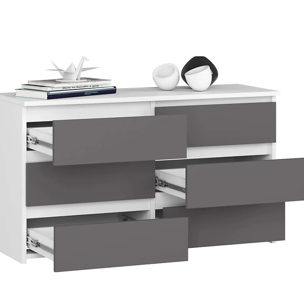 Petite Commode AKORD CL100 Blanche 100 cm 6 tiroirs façade Gris Graphite 100x35x57 cm