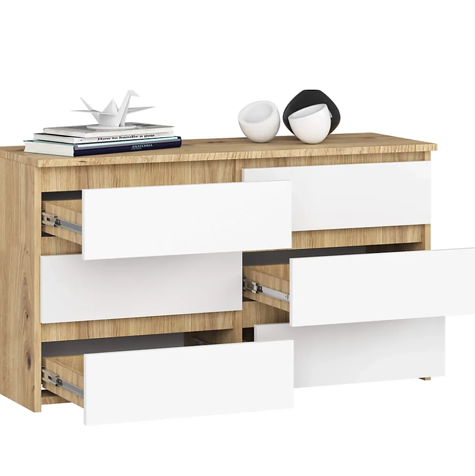 Petite Commode AKORD CL100 Chêne Artisan 100 cm 6 tiroirs façade Blanche 100x35x57 cm