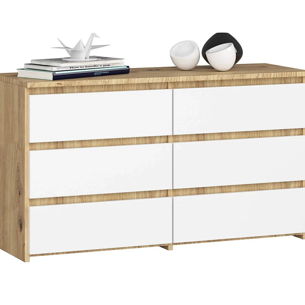 Petite Commode AKORD CL100 Chêne Artisan 100 cm 6 tiroirs façade Blanche 100x35x57 cm