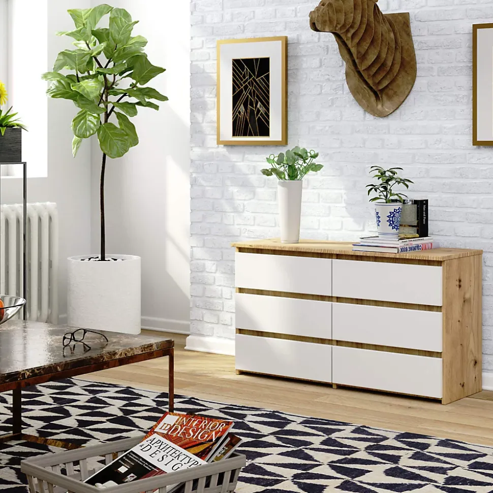 Petite Commode AKORD CL100 Chêne Artisan 100 cm 6 tiroirs façade Blanche 100x35x57 cm