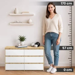 Petite Commode AKORD CL100 Chêne Artisan 100 cm 6 tiroirs façade Blanche 100x35x57 cm