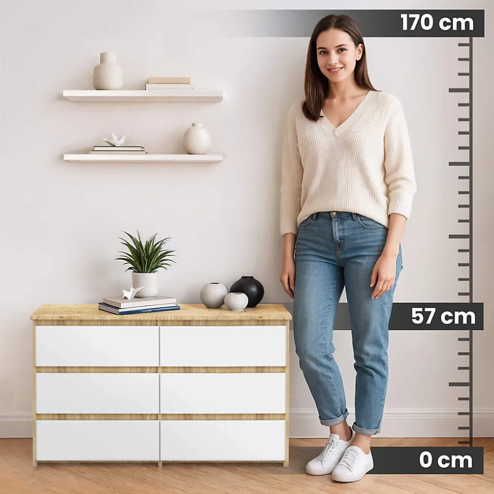 Petite Commode AKORD CL100 Chêne Artisan 100 cm 6 tiroirs façade Blanche 100x35x57 cm