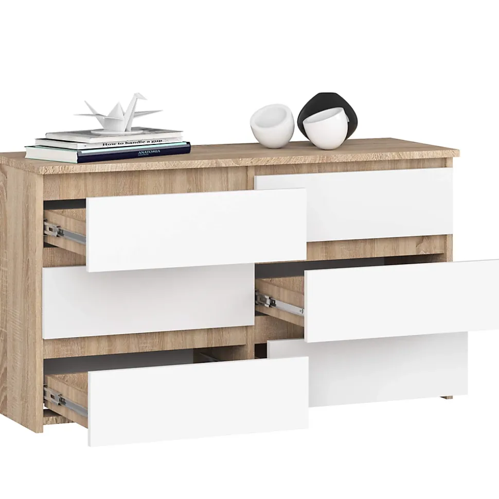 Petite Commode AKORD CL100 Chêne Sonoma 100 cm 6 tiroirs façade Blanche 100x35x57 cm