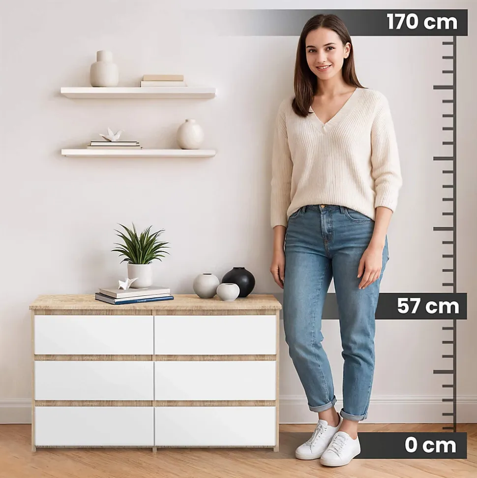 Petite Commode AKORD CL100 Chêne Sonoma 100 cm 6 tiroirs façade Blanche 100x35x57 cm