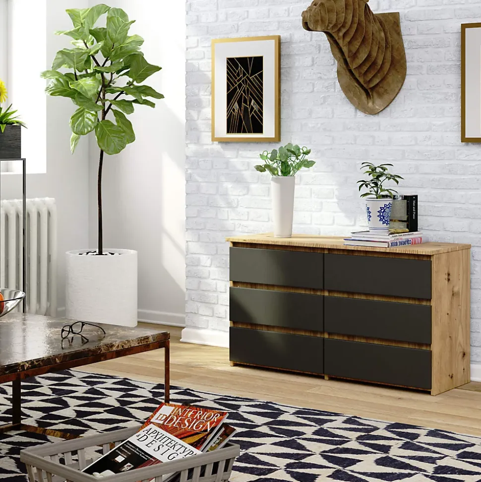 Petite Commode AKORD CL100 Chêne Artisan 100 cm 6 tiroirs façade Gris Graphite 100x35x57 cm