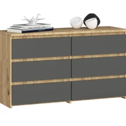 Petite Commode AKORD CL100 Chêne Artisan 100 cm 6 tiroirs façade Gris Graphite 100x35x57 cm