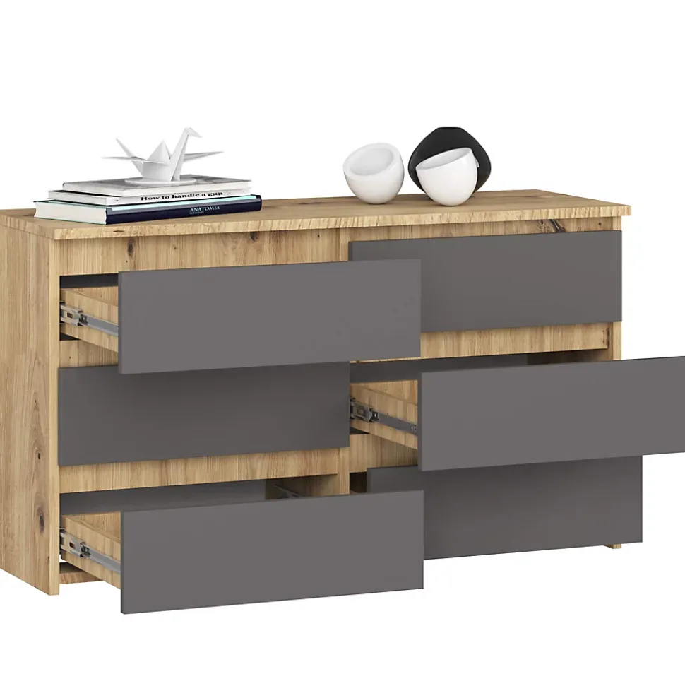Petite Commode AKORD CL100 Chêne Artisan 100 cm 6 tiroirs façade Gris Graphite 100x35x57 cm