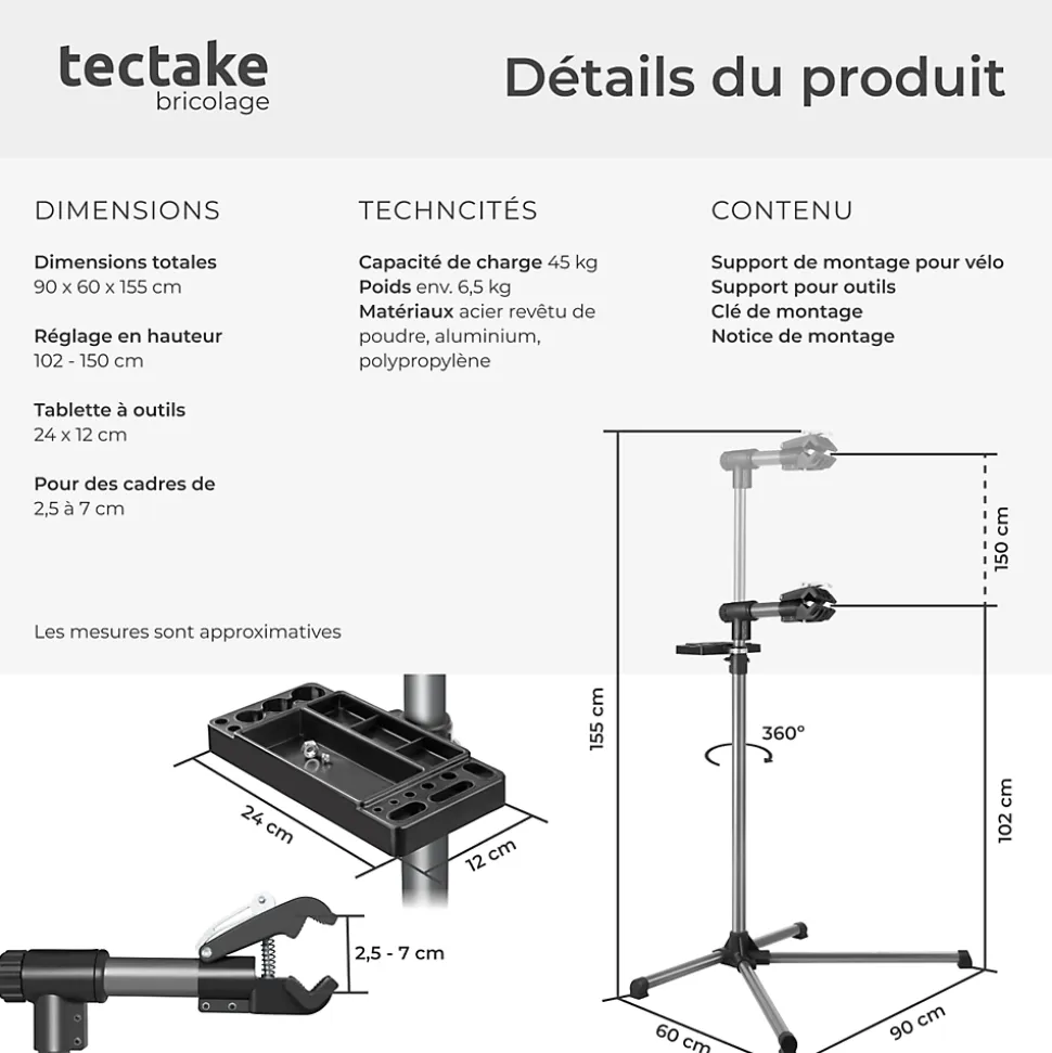 Pied d'atelier vélo en acier enduit de poudre support de montage 90 cm x 60 cm x 155 cm TECTAKE