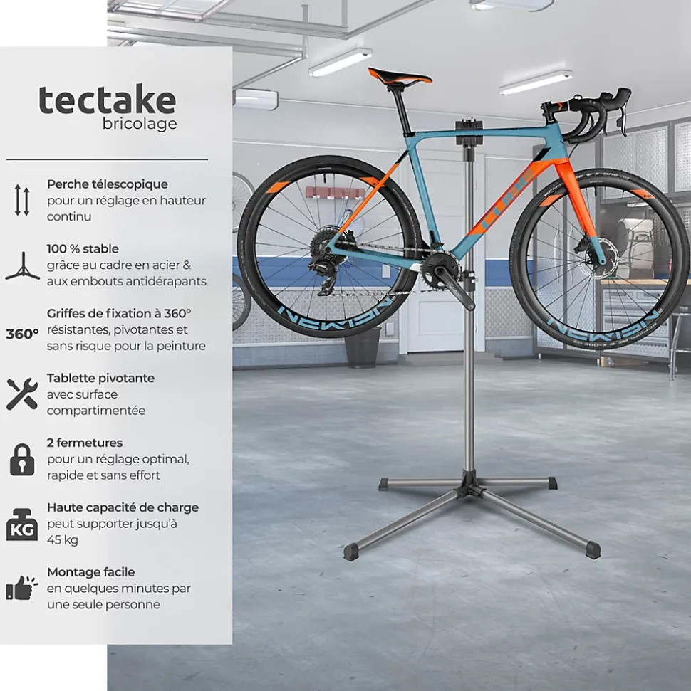 Pied d'atelier vélo en acier enduit de poudre support de montage 90 cm x 60 cm x 155 cm TECTAKE