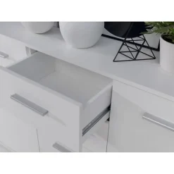 PILVI Buffet bas 4 portes 4 tiroirs - Blanc mat - L 162,3 x P 34,2 x H 88,1 cm