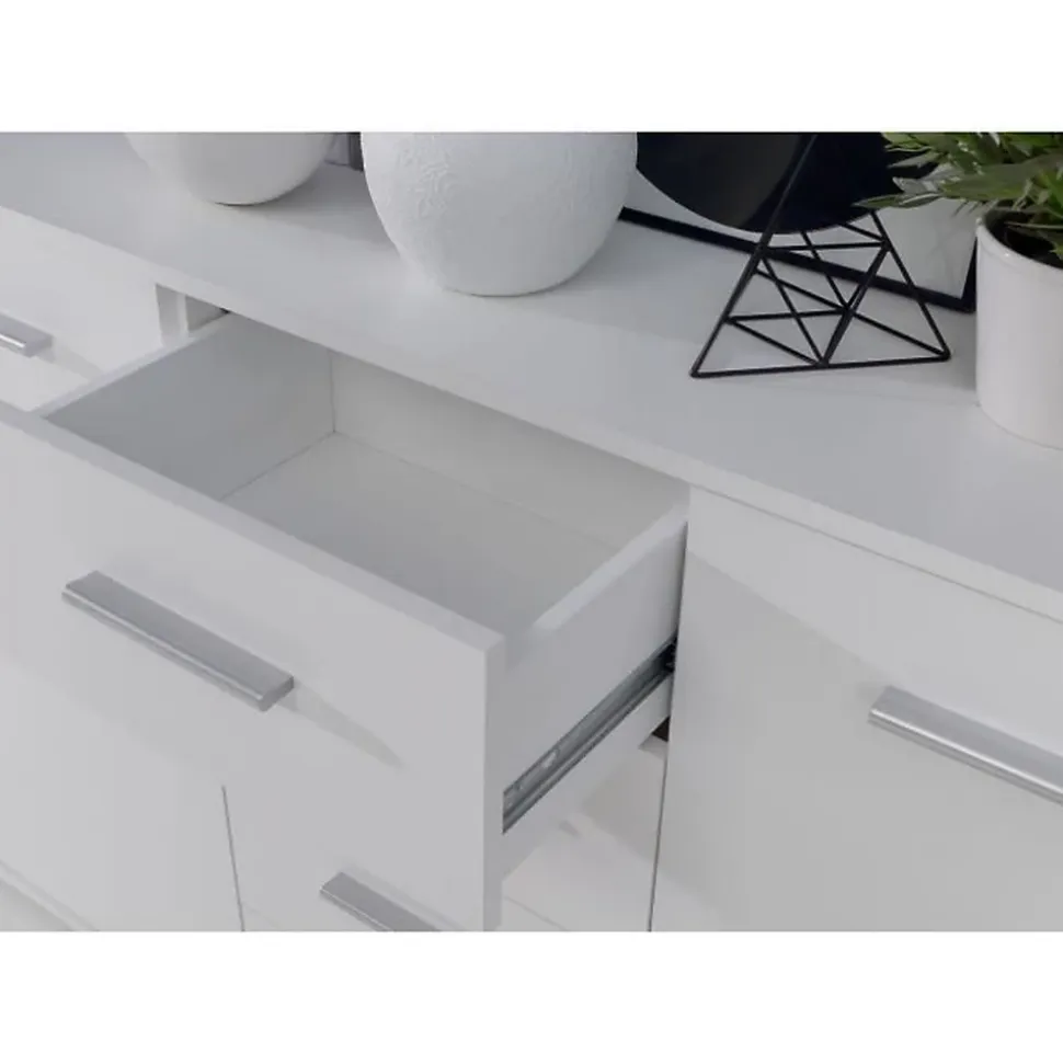 PILVI Buffet bas 4 portes 4 tiroirs - Blanc mat - L 162,3 x P 34,2 x H 88,1 cm