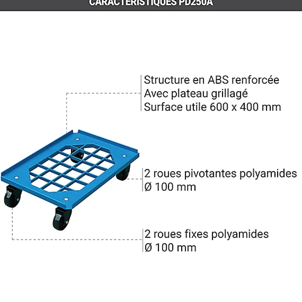 Plateau 4 roues pivotantes - Charge max 150kg - PD150