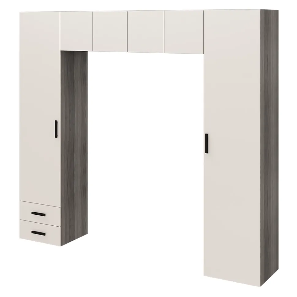 Pont de lit bleu beige cachemire et effet chêne grisé avec 6 portes et 2 tiroirs GoodHome Atomia H. 225 x L. 250 x P. 45 cm