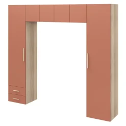 Pont de lit bleu terracotta et effet chêne avec 6 portes et 2 tiroirs GoodHome Atomia H. 225 x L. 250 x P. 45 cm